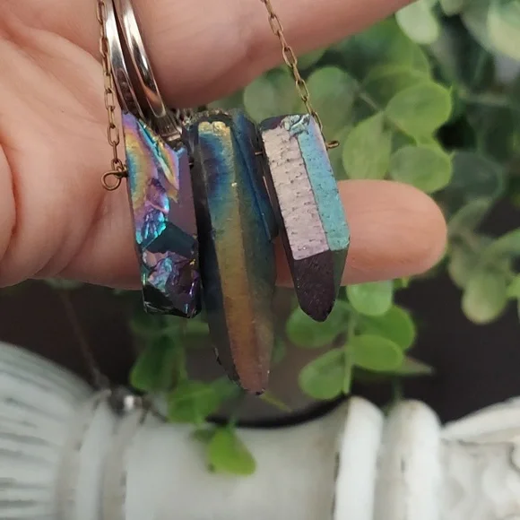 SOLD Raw Rainbow Aurora Quartz Crystal Neckace on 20" Goldtone Chain - Picture 3 of 5